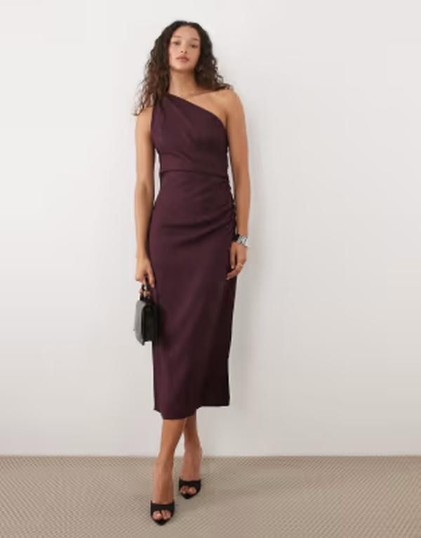 マンゴ レディース トップス ワンピース ドレープ ミディ リネン Mango linen mix one shoulder draped midi dress in plum プラム