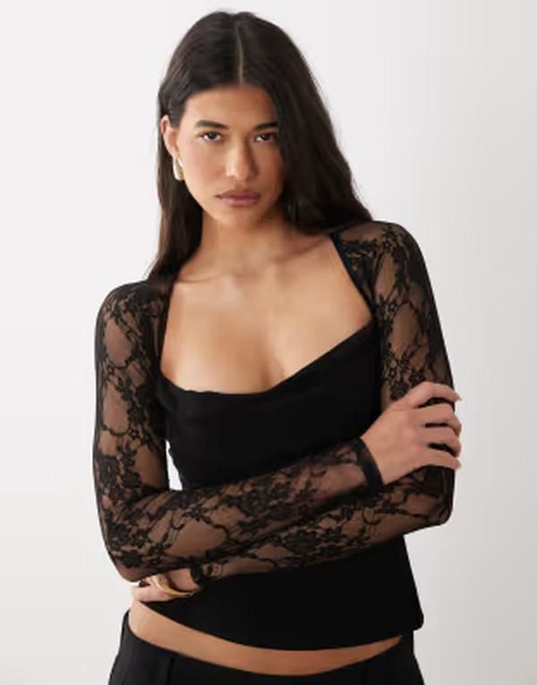 エイソス レディース トップス シャツ レース ASOS DESIGN lace sweetheart long sleeve top black ブラック