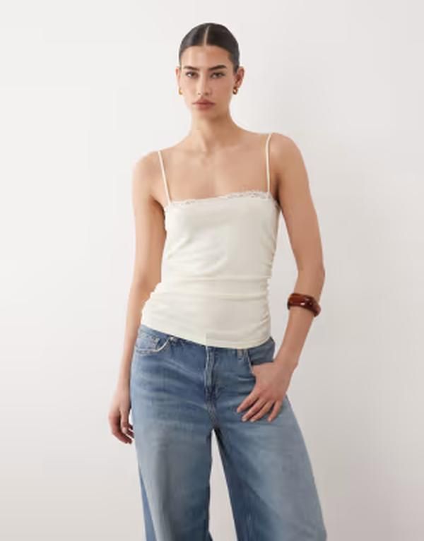 マンゴ レディース トップス シャツ レーストリム ギャザー コットン レース Mango cotton mix ruched strappy cami top with lace trim in p
