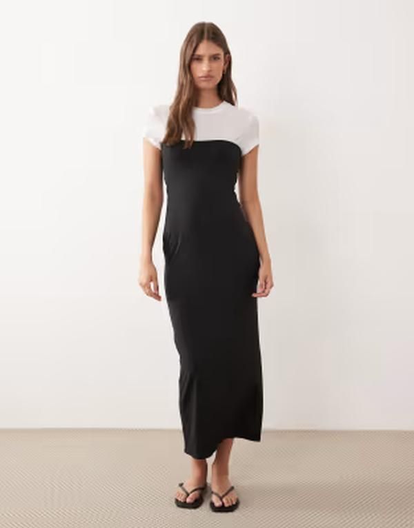 エイソス レディース トップス ワンピース コントラスト マキシ ASOS DESIGN short sleeve contrast maxi dress and buttermilk Black B