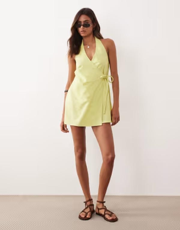 エイソス レディース トップス ワンピース ミニ コットン リネン ホルター ASOS DESIGN cottonlinen blend halter neck wrap mini sundress
