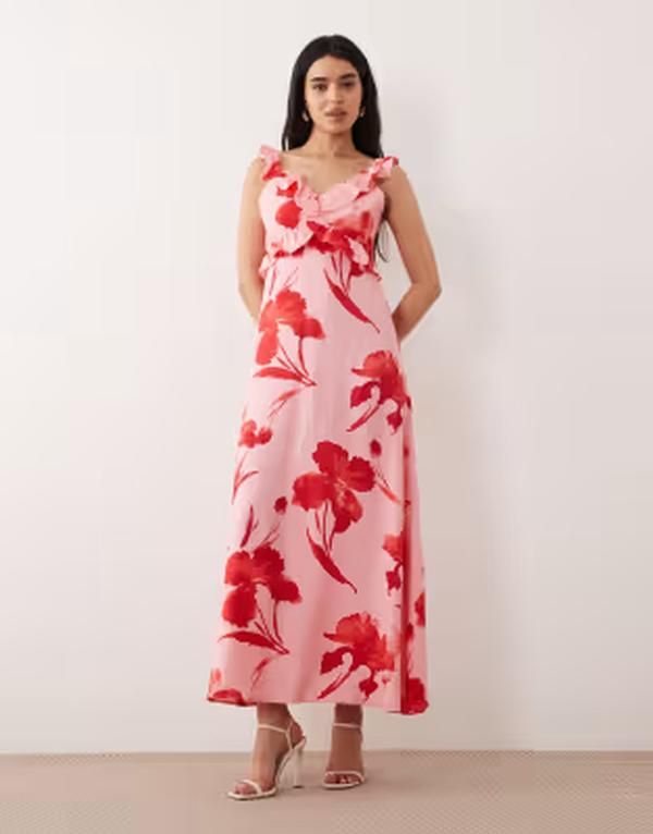 オンリー レディース トップス ワンピース フラワー柄 プリント マキシ フラワー ONLY frill detailing maxi dress floral print Pink Icing ピン