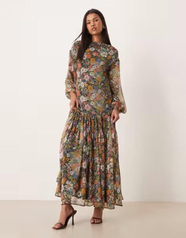 エイソス レディース トップス ワンピース シフォン フラワー柄 マキシ フラワー ASOS DESIGN slash neck chiffon godet maxi dress based flor