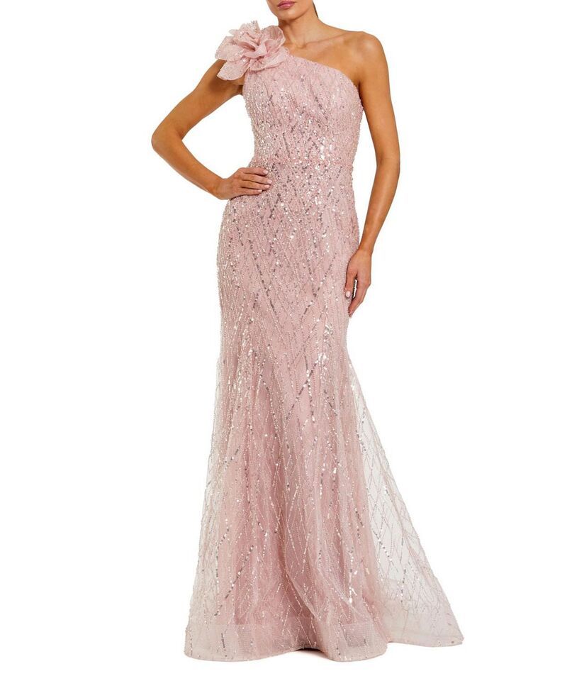 マックダガル レディース トップス ワンピースパンコール Mac Duggal One Shoulder Sequin Trumpet Gown with Flowerose