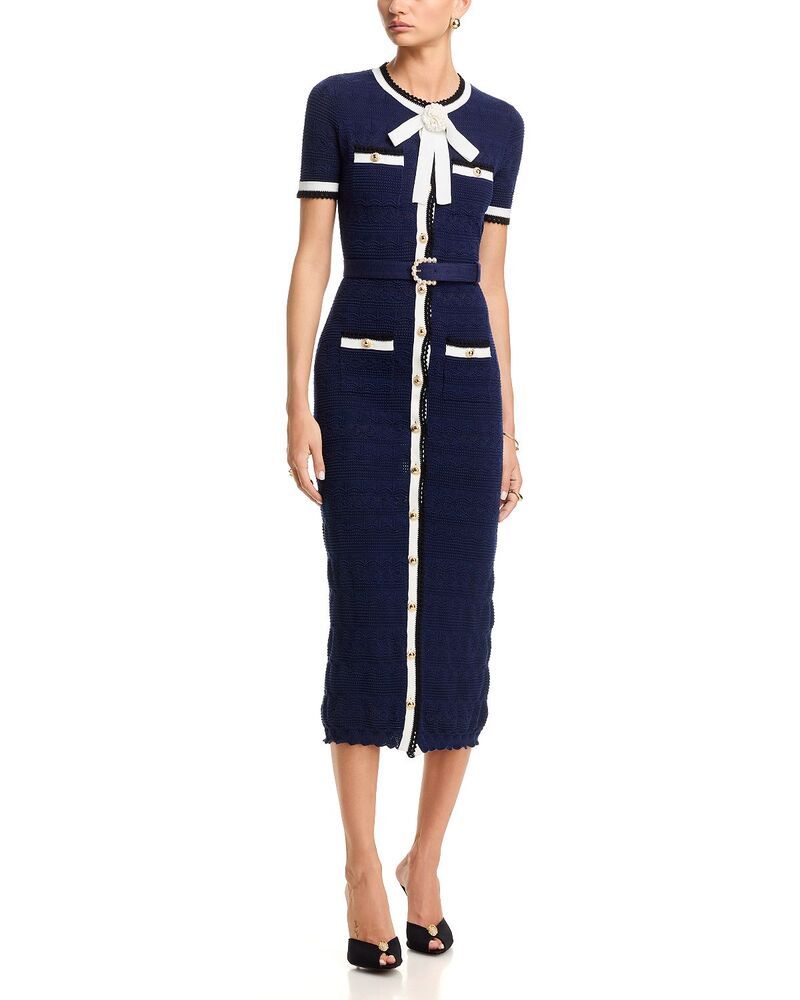 セルフ・ポートレイト レディース トップス ワンピース ミディ ニット SelfPortrait Navy Pointelle Knit Midi Dress Navy ネイビー