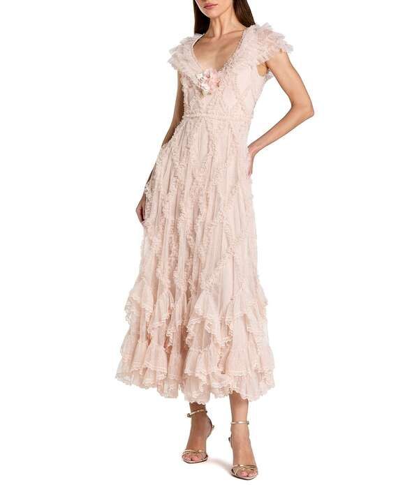マックダガル レディース トップス ワンピース Vネック A ライン プチ フリル メッシュ アンクル Mac Duggal Petite Size Mesh VNeck A Line Ankle D