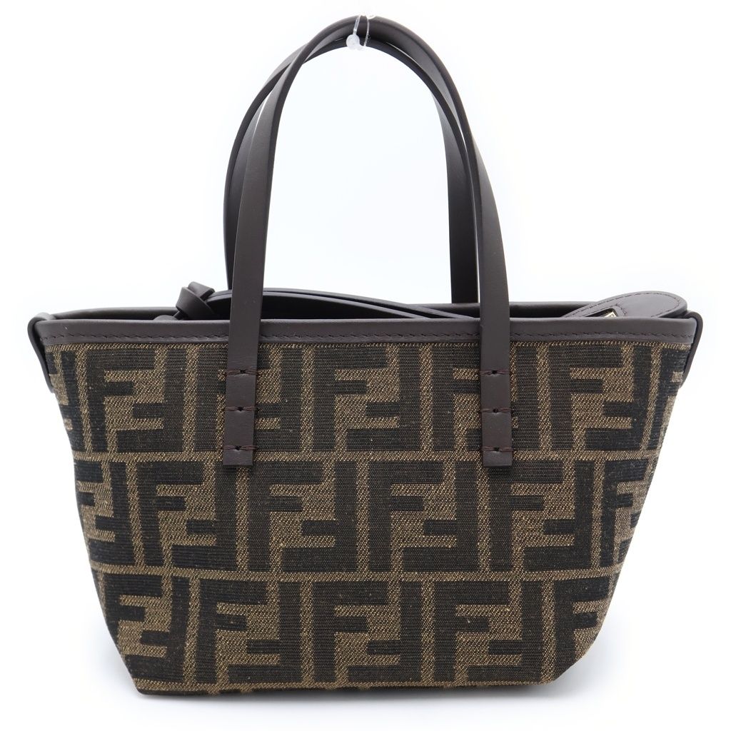 FENDI (フェンディ) ロール ミニ ファブリック FFジャガード 2WAYバッグ ショルダーバッグ ハンドバッグ ブラウン レザー×キャンバス 8BS096 ゴールド金具