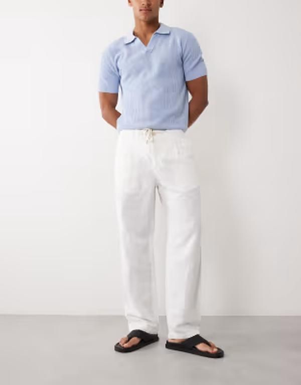 マンゴ メンズ ボトムス カジュアルパンツ ストレート リネン Mango linen blend straight leg draw string pants WHITE ホワイト