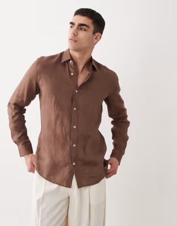 マンゴ メンズ トップス シャツ リネン Mango 100 linen long sleeve shirt BROWN ブラウン