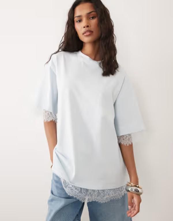 エイソス レディース トップス Tシャツ レース ASOS DESIGN oversized Tshirt with lace hem in light BLUE ブルー 12,074円