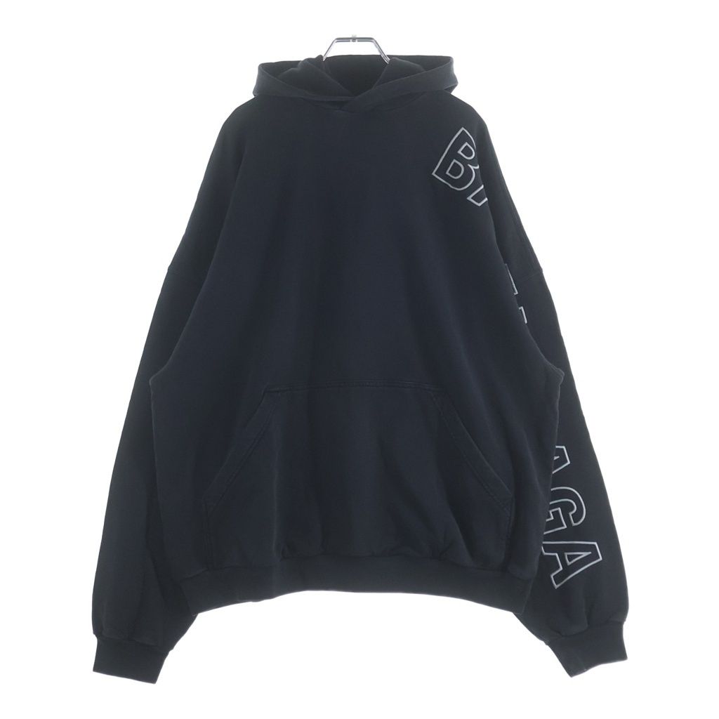 BALENCIAGA バレンシアガ 23AW WASHED BLACK ウオッシュド加工 アームロゴエンブロイダリー プルオーバースウェットパーカー フーディー ブラック 739024 TOVV2 BALENCIAGA (バレンシアガ) 23AW WASHED BLACK ウオッシュド加工