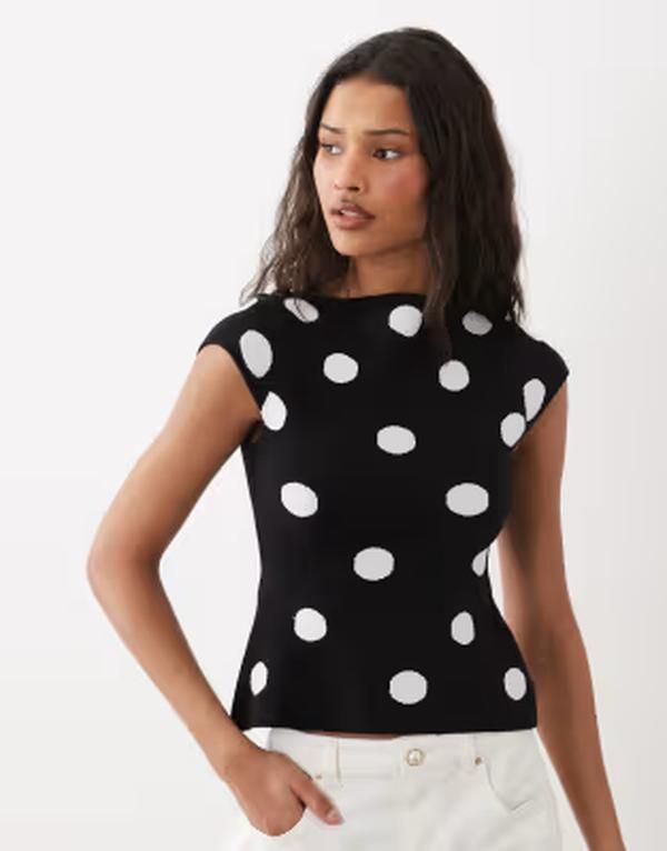 エイソス レディース トップス Tシャツ ドット柄 ドット プリント ニット ASOS DESIGN fine knit slash neck topolka dot print Mono polka