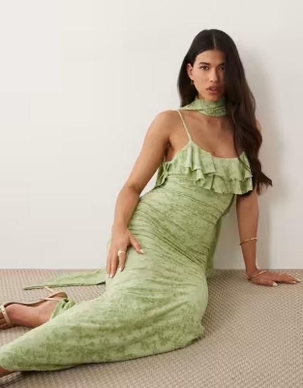 エイソス レディース トップス ワンピース マキシ ASOS DESIGN devore frill neckline maxi dress with scarf detail GREEN グリーン