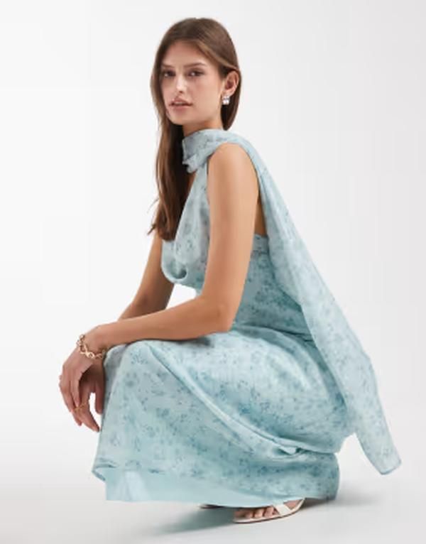 エイソス レディース トップス ワンピース フラワー柄 サテン マキシ フラワー ASOS DESIGN satin scarf cowl neck maxi dress floral BLUE ブル
