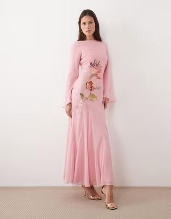 エイソス レディース トップス ワンピース コントラスト 刺繍 マキシ ASOS DESIGN embroidered embellished maxi dress with godets contr