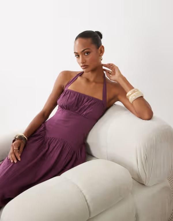 エイソス レディース トップス ワンピース ASOS DESIGN sweetheart neck shirred midaxi dress PURPLE パープル
