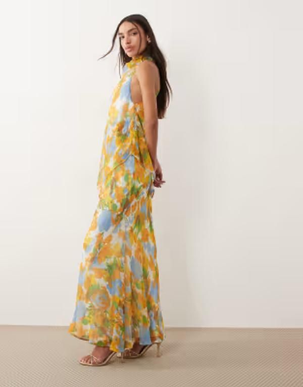 エイソス レディース トップス ワンピース シフォン ハイネック フラワー柄 プリント マキシ フラワー ASOS DESIGN chiffon high neck double layer maxi
