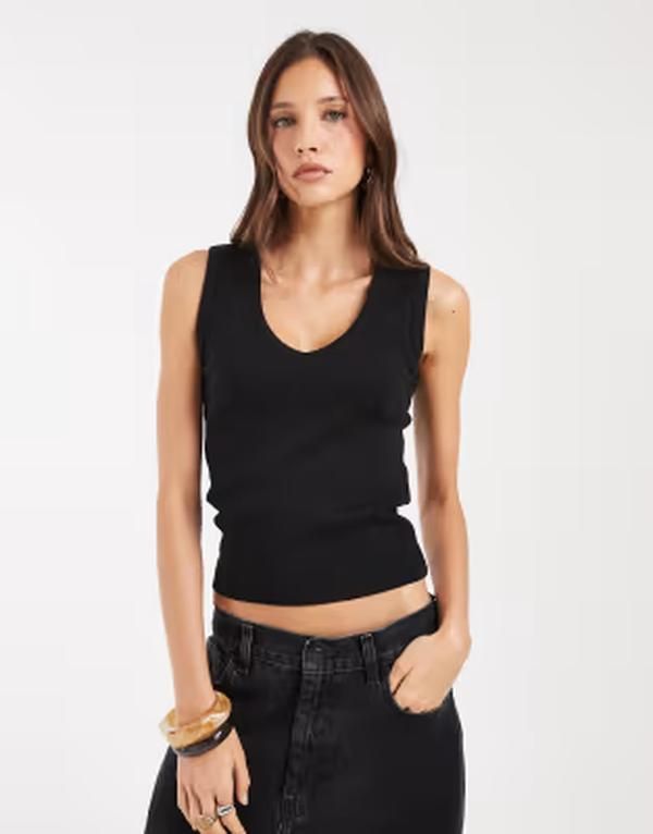 ヴェロモーダ レディース トップス ベスト リブ Vero Moda ribbedeepV tank top Black ブラック