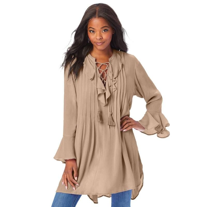 ロアマンズ レディース トップス Tシャツ プラスサイズ フリル Roamans Womens Plusize Hand Crinkled Ruffle Pintuck Tunic New Khaki