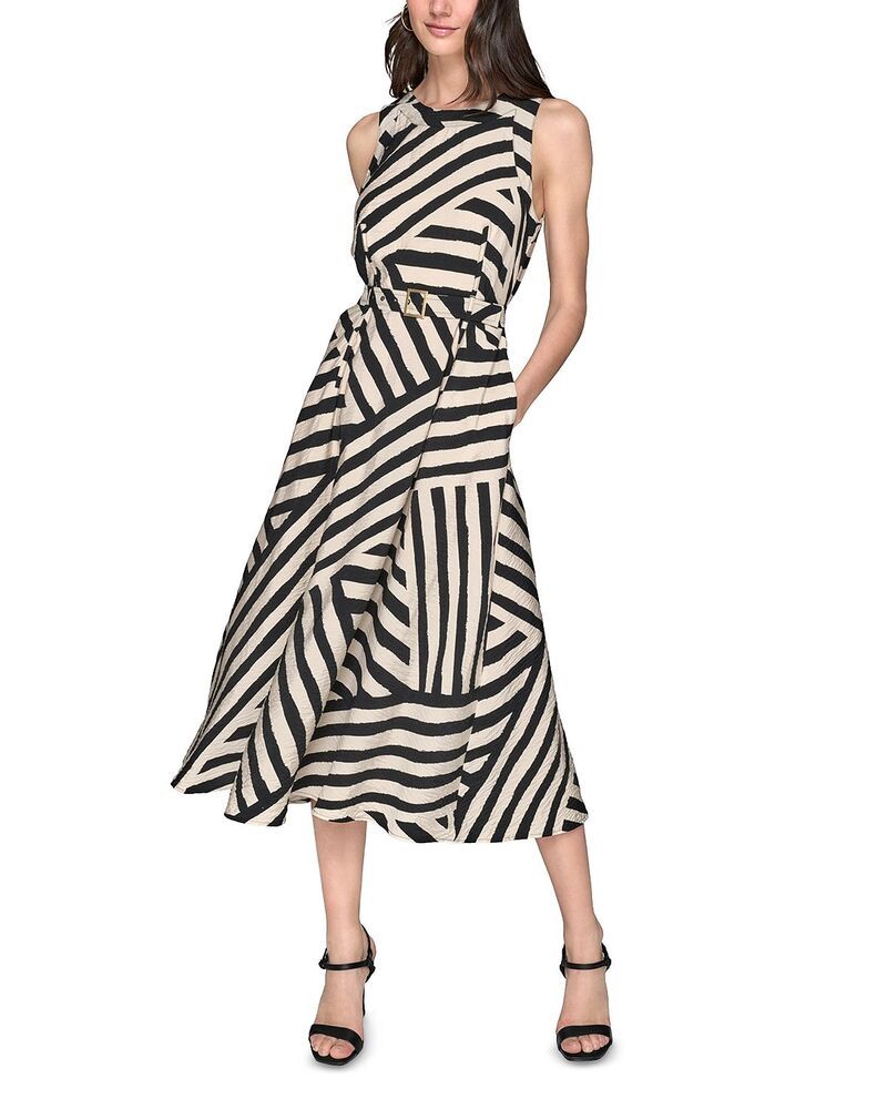 カール ラガーフェルド レディース トップス ワンピース プリント ミディ KARLAGERFELD PARIS Printed Rumpled Midi Dress Oyster Grey Blac