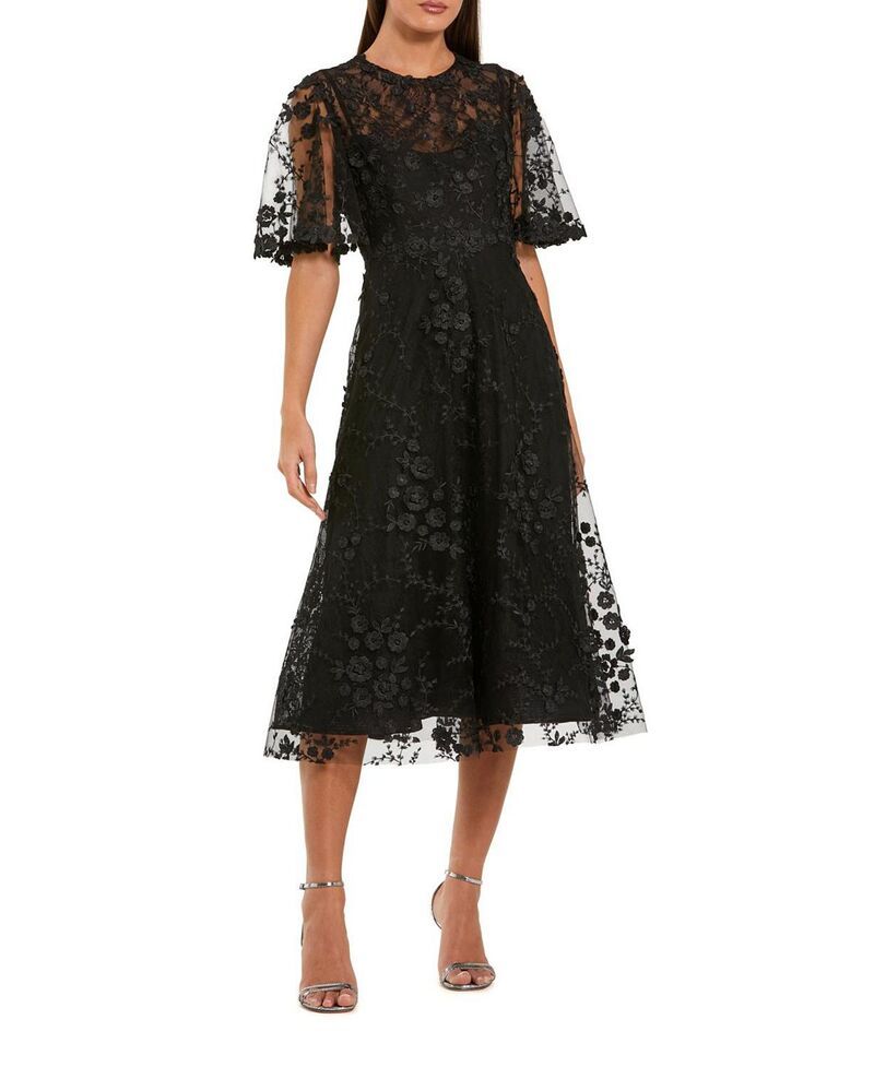 マックダガル レディース トップス ワンピース フラワー柄 ミディ 刺繍 フラワー Mac Duggal Flutter Sleeve Floral Embroidered Midi Dress Bl