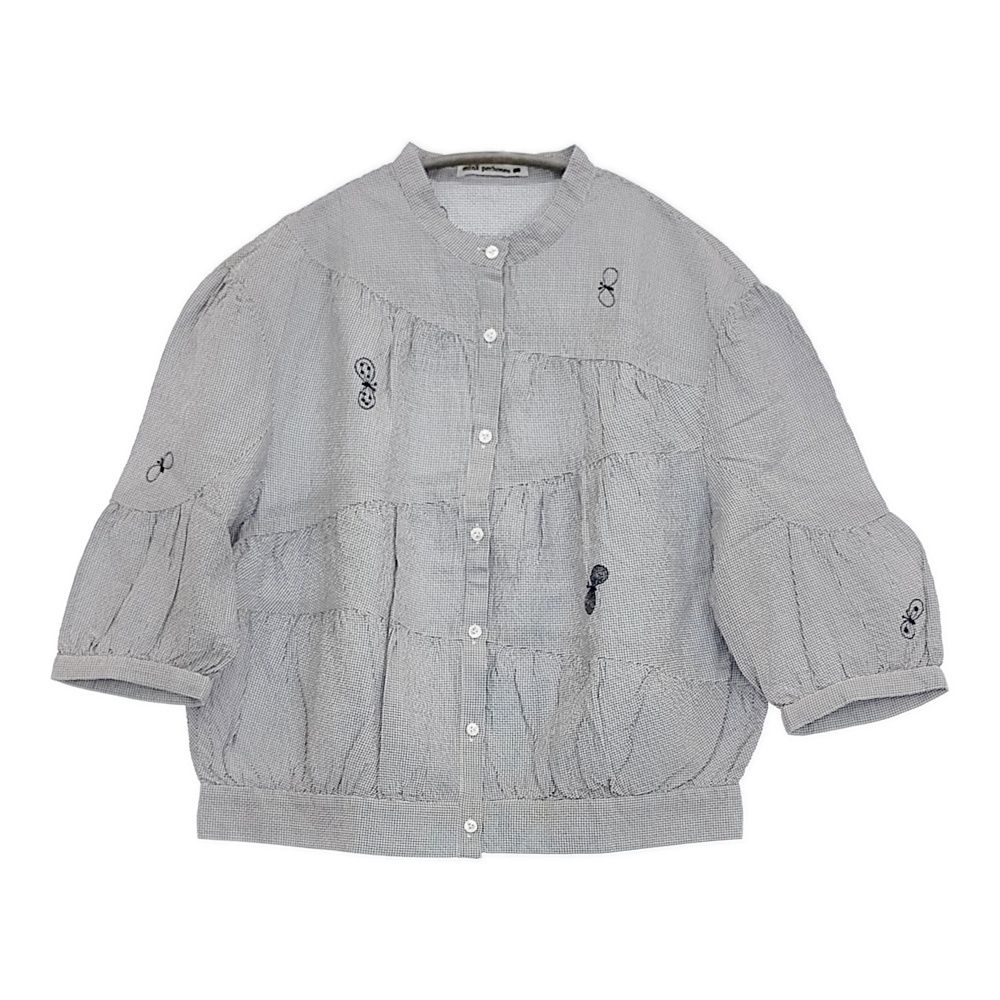 mina perhonen choucho 定価60500円 acs1303 チェック バンドカラー ラミーコットンシルク ブラウス シャツ 24SS ネイビー ホワイト レディース ミナペルホネン【中古】6-0616S♪