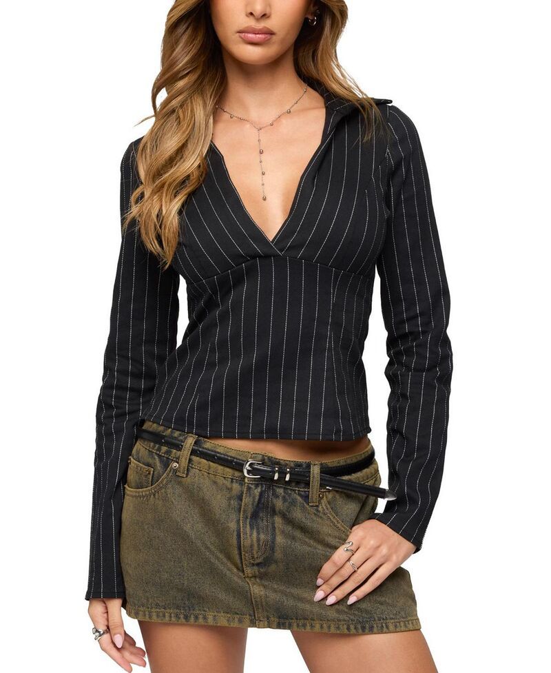 アディクテッド レディース トップス シャツ Edikted Araceli Pinstripe Tailored Shirt Black ブラック