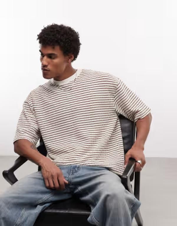 エイソス メンズ トップス Tシャツ ASOS DESIGN heavyweight boxy oversized Tshirt in striped brown textured fabric Br