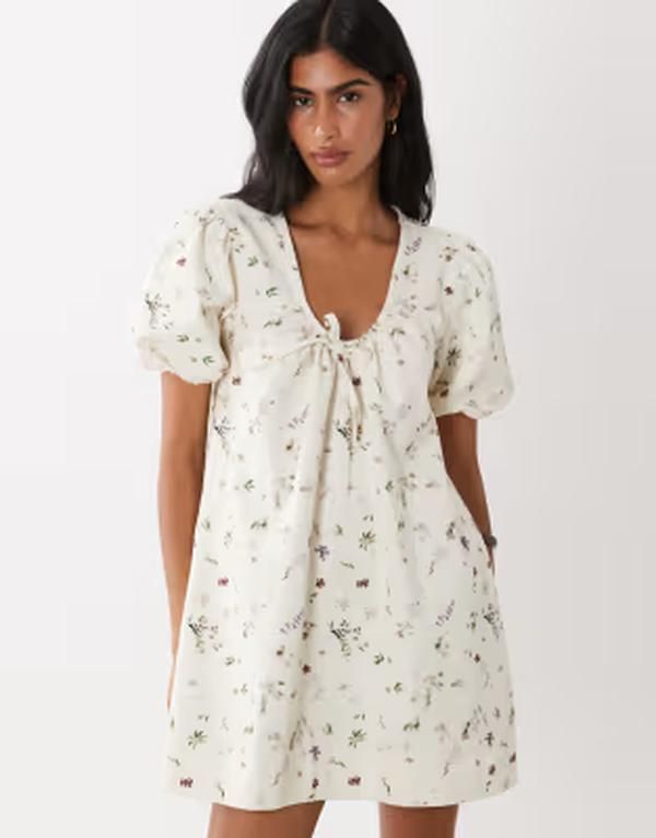 エイソス レディース トップス ワンピース ミニ ASOS DESIGN puff sleeve mini dress Ecru floral エクリュ