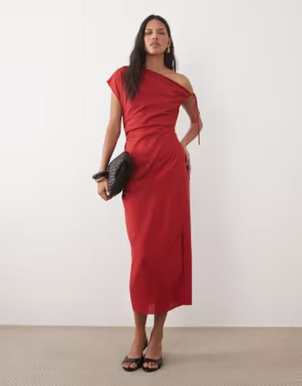 マンゴ レディース トップス ワンピース アシンメトリー リネン マキシ Mango linen mix asymmetric maxi dress RED レッド