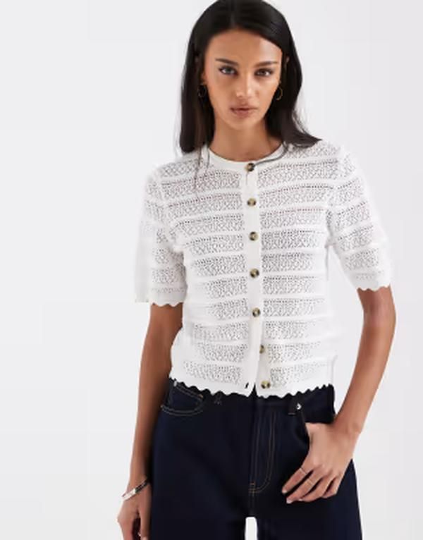 ブレーブソウル レディース アウター カーディガン ニット Brave Soul crochet knit short sleeve cardigan with scallop detailing W