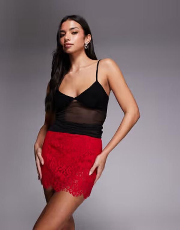 エーエフアールエム レディース ボトムスカート ミニ レース AFRM Presley lace scallop hemini skirt part of a set RED レッド