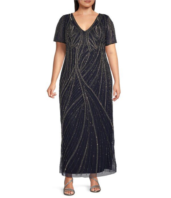 ピサッロナイツ レディース トップス ワンピース Vネック プラスサイズ Pisarro Nights Plusize V Neck Short Sleeve Beaded Gownavy ネイビー