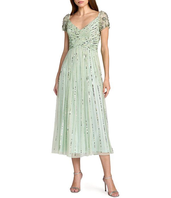 マックダガル レディース トップス ワンピース メッシュ ミディ スパンコール Mac Duggal Sequin Mesh Midi Dress With Beaded Short Sleevesa