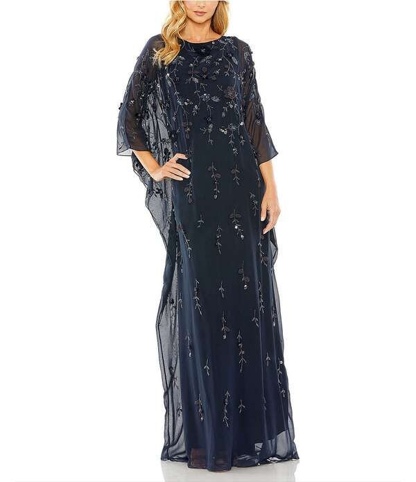 マックダガル レディース トップス ワンピース メッシュ Mac Duggal Embellished Mesh Boat Neck Long Sleeve 3D Flower Caftan Gown 103,400円