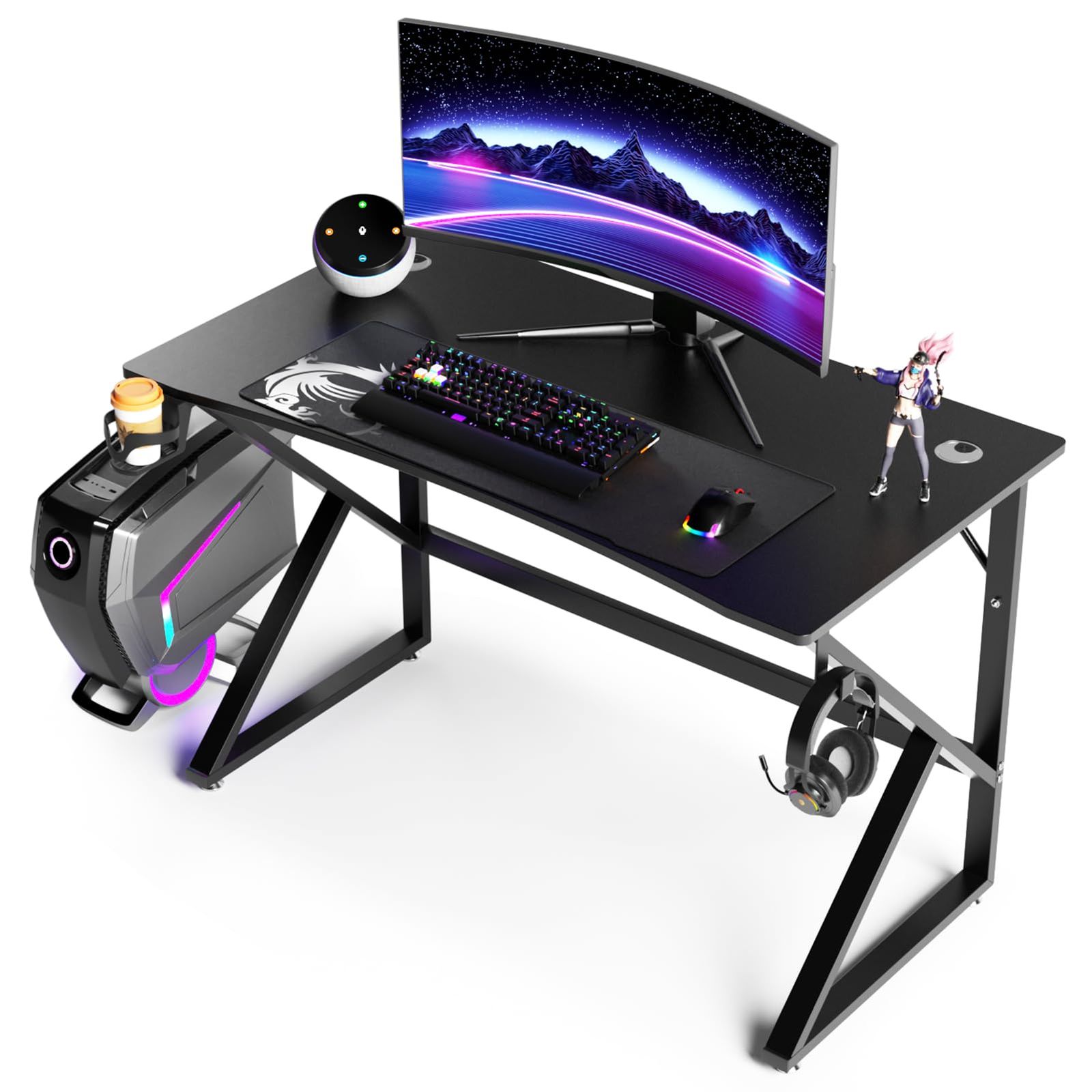 DEWEL ゲーミングデスク 幅110cm 奥行60cm pc ゲーム パソコン デスク ダブル三角形脚 ゲーマーに向け モニターアーム対応 耐荷重80kg シンプル 広いpc ワーク オフィス 勉強 デスク 勉強机 木製 メラミン加工 在宅勤務 アジャスｍａ