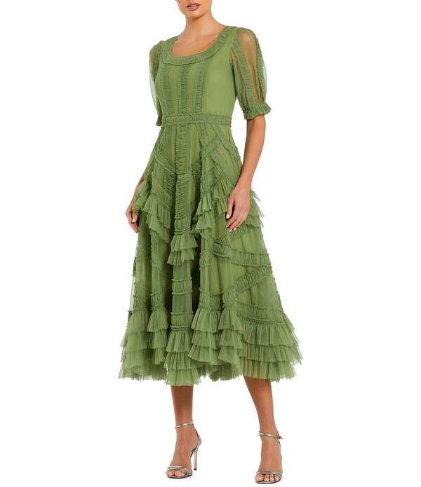 マックダガル レディース トップス ワンピース A ライン フリル メッシュ ミディ Mac Duggal Short Sleeve Micro Ruffle Mesh Aline Midi Dres