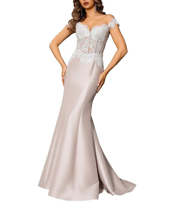 テラニクチュール レディース トップス ワンピース レース Terani Couture Mikado Lace Corset Off Shoulder Mermaid Gown Ivory Taup 107,690円