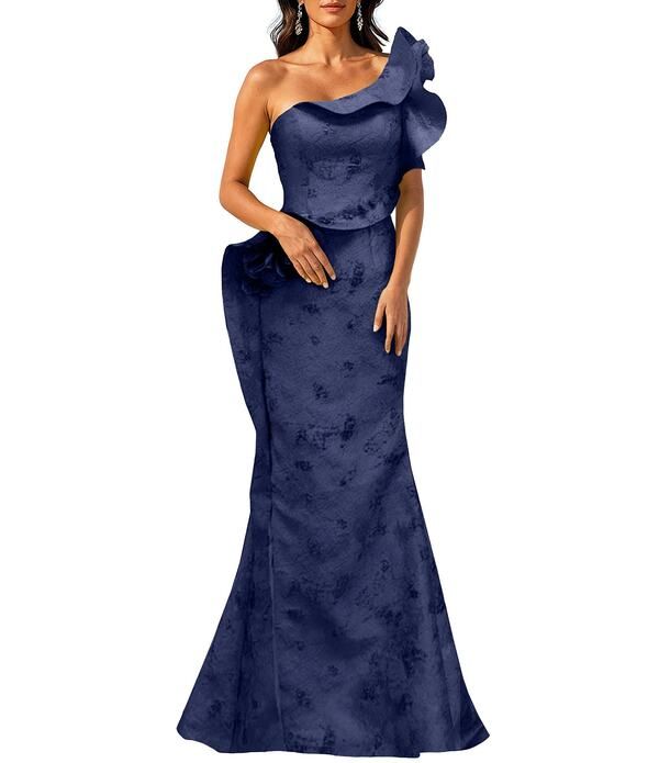 テラニクチュール レディース トップス ワンピース フリル Terani Couture One Shoulder Jacquard Ruffle Longownavy ネイビー 96,140円