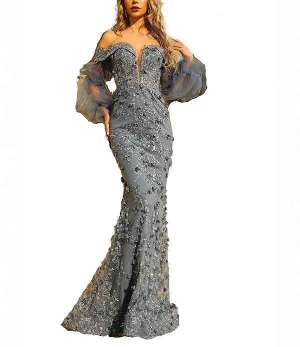 テラニクチュール レディース トップス ワンピース Terani Couture OffTheShoulder Long Sleeve 3D Flowers Gown Slate スレート