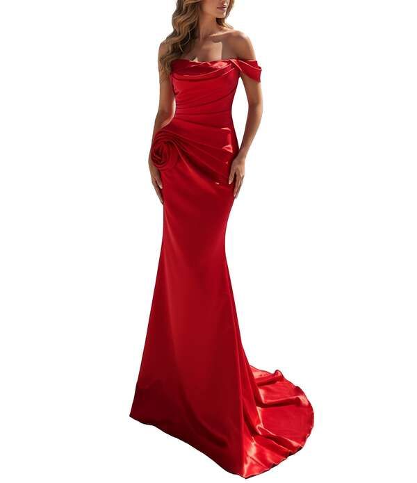 テラニクチュール レディース トップス ワンピース Terani Couture One OffTheShoulder Shimmer Sheath Gown Red レッド