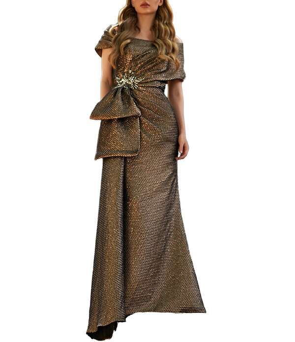 テラニクチュール レディース トップス ワンピース Terani Couture Off The Shoulder Gown With Beadedetail Amber アンバー