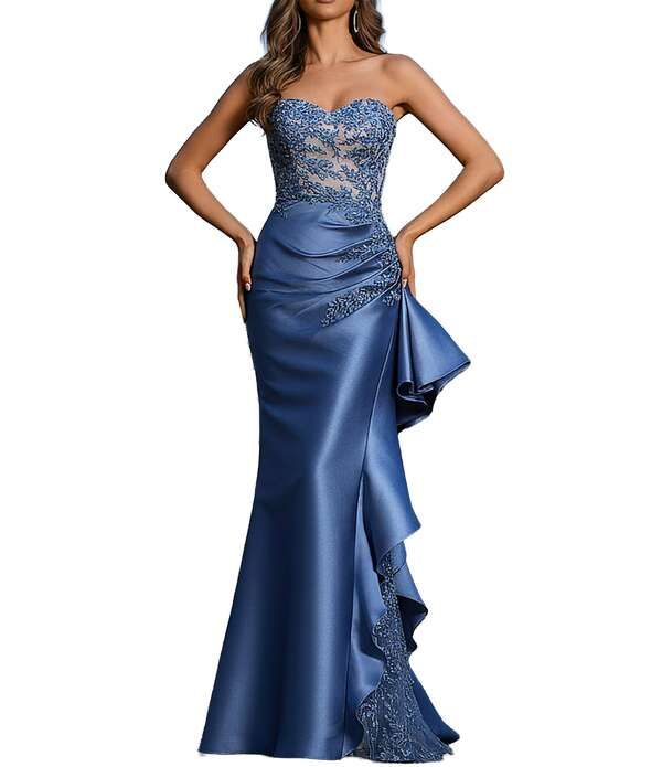 テラニクチュール レディース トップス ワンピース フリル ストラップレス レース Terani Couture Strapless Lace Bodice Long Dress With Side