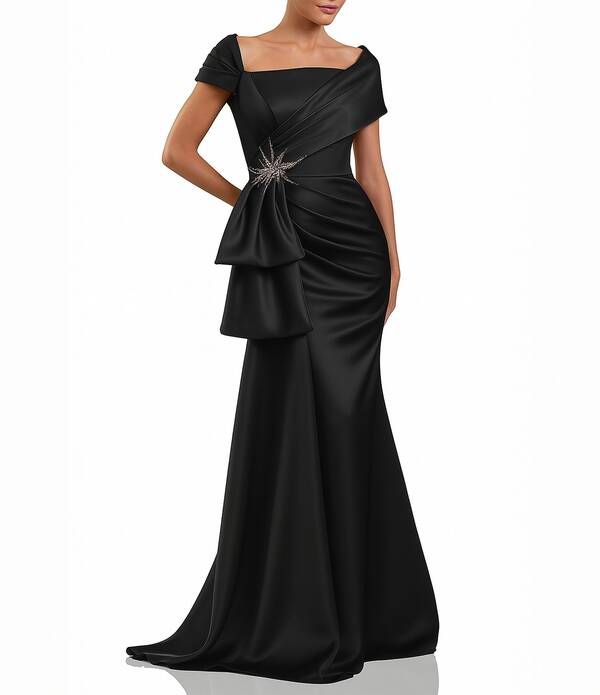 テラニクチュール レディース トップス ワンピース ドレープ サテン Terani Couture Satin Off The Shoulder Neck Short Sleeve Front Rhi