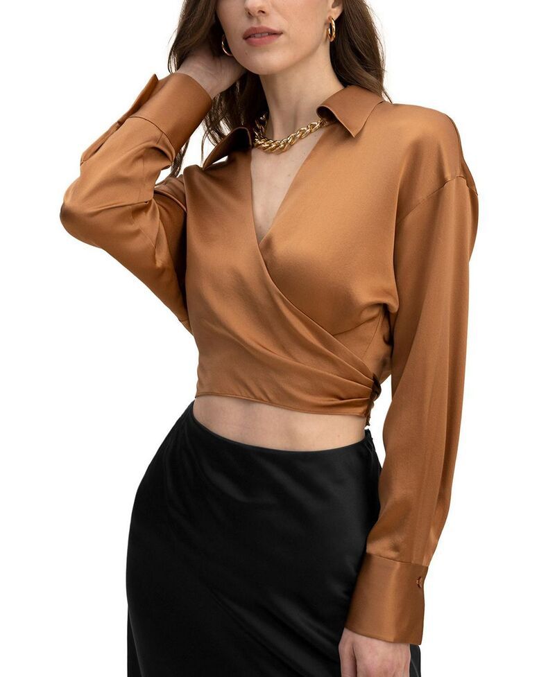 リリーシルク レディース トップス シャツ クロップド LILYSILK Wrapover Cropped Shirtoasted Chestnut