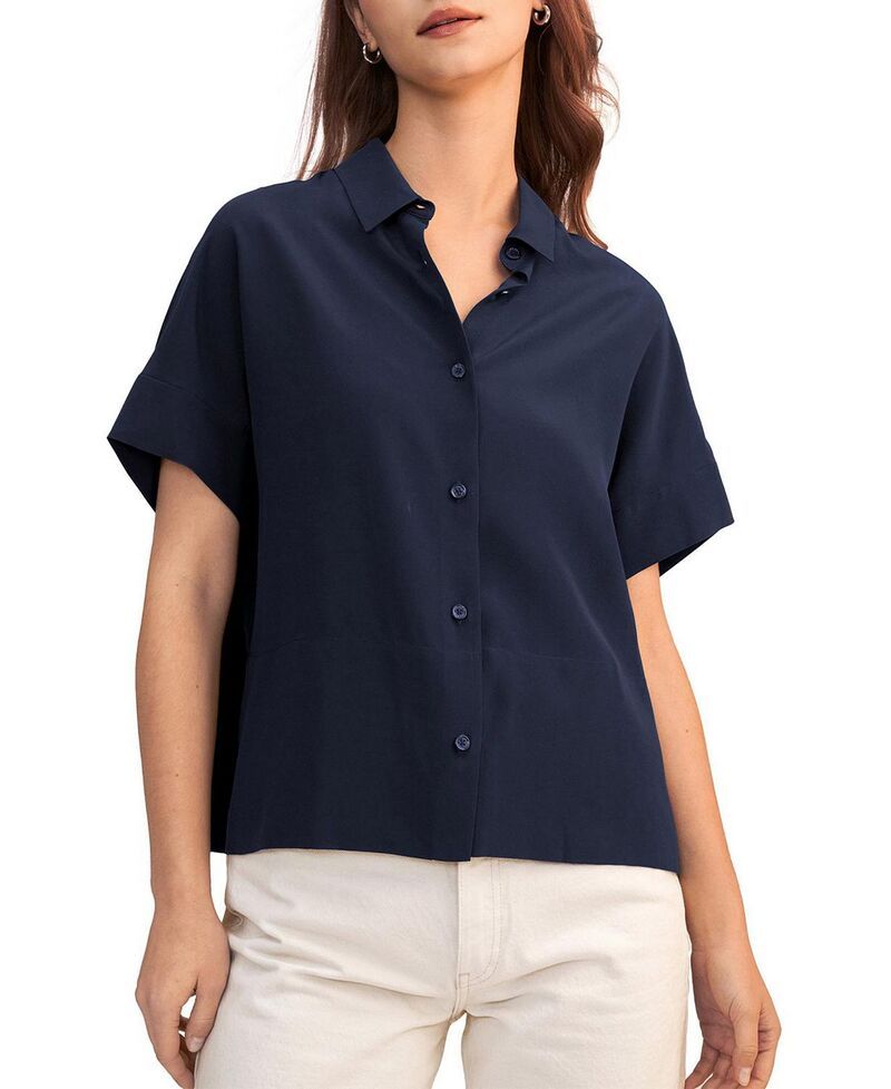 リリーシルク レディース トップス シャツ LILYSILK Casual Short Sleeves Loose Silk Shirt Navy Blue ネイビー