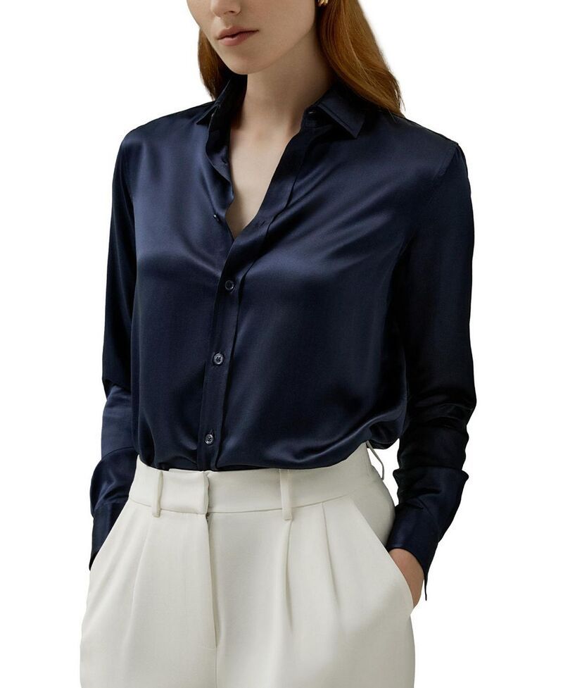 リリーシルク レディース トップス シャツ LILYSILK Tailored Silk Shirt Navy Blue ネイビー