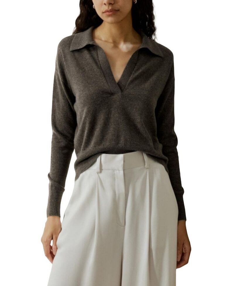 リリーシルク レディース アウター ニット・セーター ポロシャツ LILYSILK Womens Neck Cashmere Polo Sweater Brown ブラウン