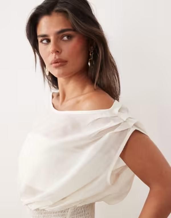 ザ・フロリック レディース トップス シャツ シフォン ドレープ The Frolic exclusive chiffon drape off shoulder shir red waistop pa