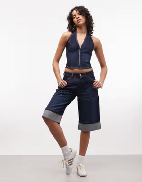 コルージョン レディース ボトムス ハーフパンツ・ショーツ デニム キャップ COLLUSION denim capri pants with cuffs in rinsewash part of a